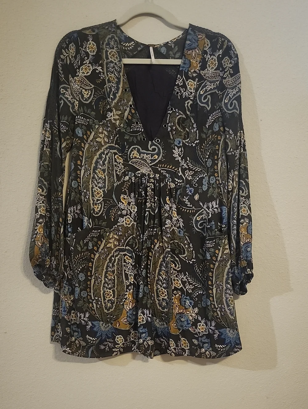 Free People Black Paisley Mini Dress with Blue & Olive Floral Motif